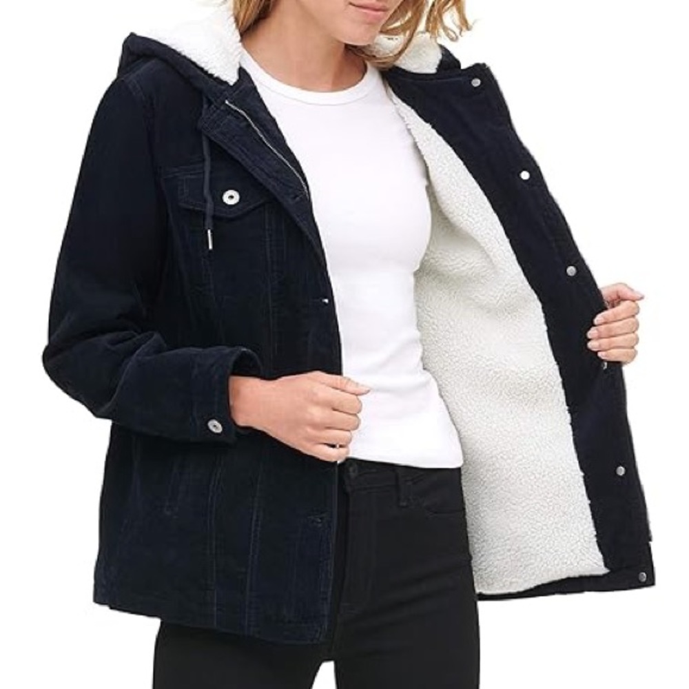 Levi's black Women's The Mia Corduroy Hooded Sherpa Trucker zip button Jacket - Picture 3 of 9